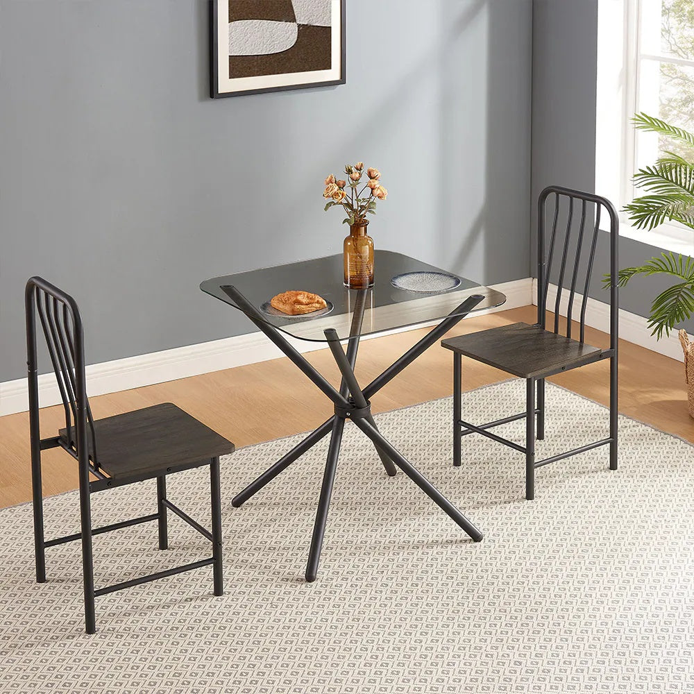Dining Set for 2, Square Glass Tempered Dining Table with 4 Legs and 2 Metal Chairs, Black & Brown - Ideal for Home Office, Kitchen, or Dining Room