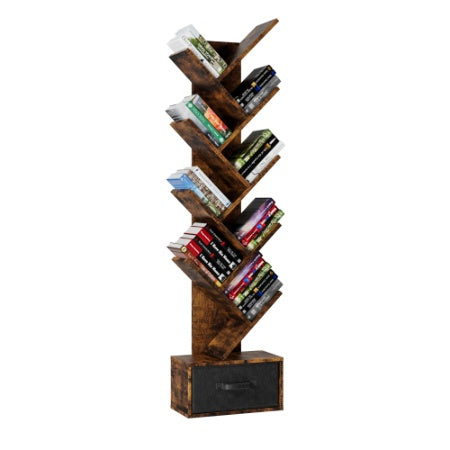 9-Tier Tree Bookshelf with Drawer – Deep Rustic Brown