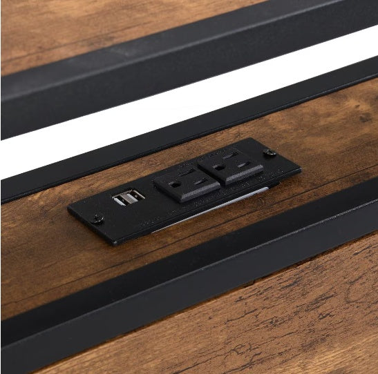 Queen Size Metal Platform Bed Frame with Wooden Headboard, Footboard & USB Charging Ports – Industrial Style, Noise-Free, Under-Bed Storage – Black + Brown