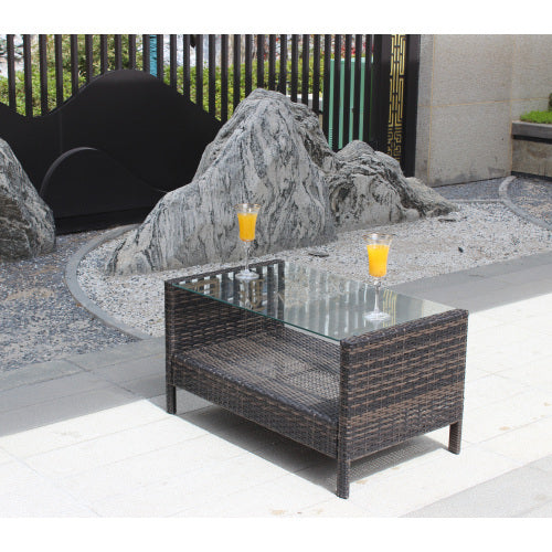 Outdoor Patio Coffee Table with Tempered Glass Top – Brown Wicker