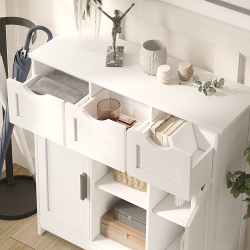 Multifunctional Wooden Storage Cabinet with Drawers & Adjustable Shelves, Accent Cabinet for Living Room, Bedroom, or Bathroom (White)