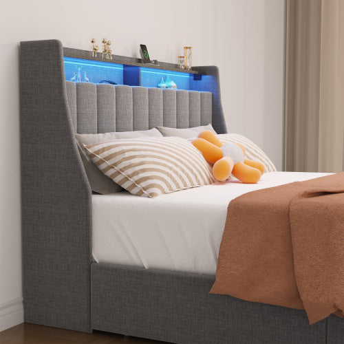 Full Size LED Bed Frame with 4 Drawers & Wingback Headboard – Light Grey