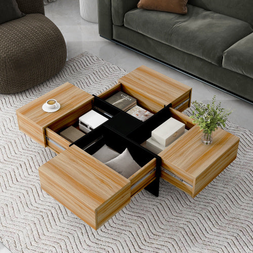 ON-TREND Unique Design Coffee Table with 4 Hidden Storage Compartments and Extendable Sliding Top, Modern Brown UV High-gloss Finish, 31.5" Square Cocktail Table for Living Room