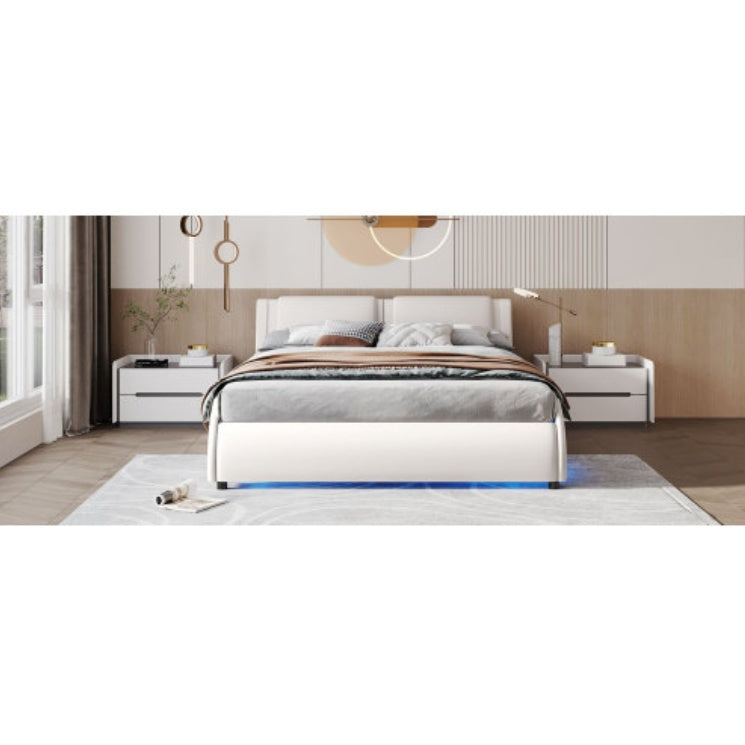 Queen Faux Leather LED Platform Bed – White (Queen Size)