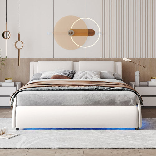 Queen Faux Leather LED Platform Bed – White (Queen Size)