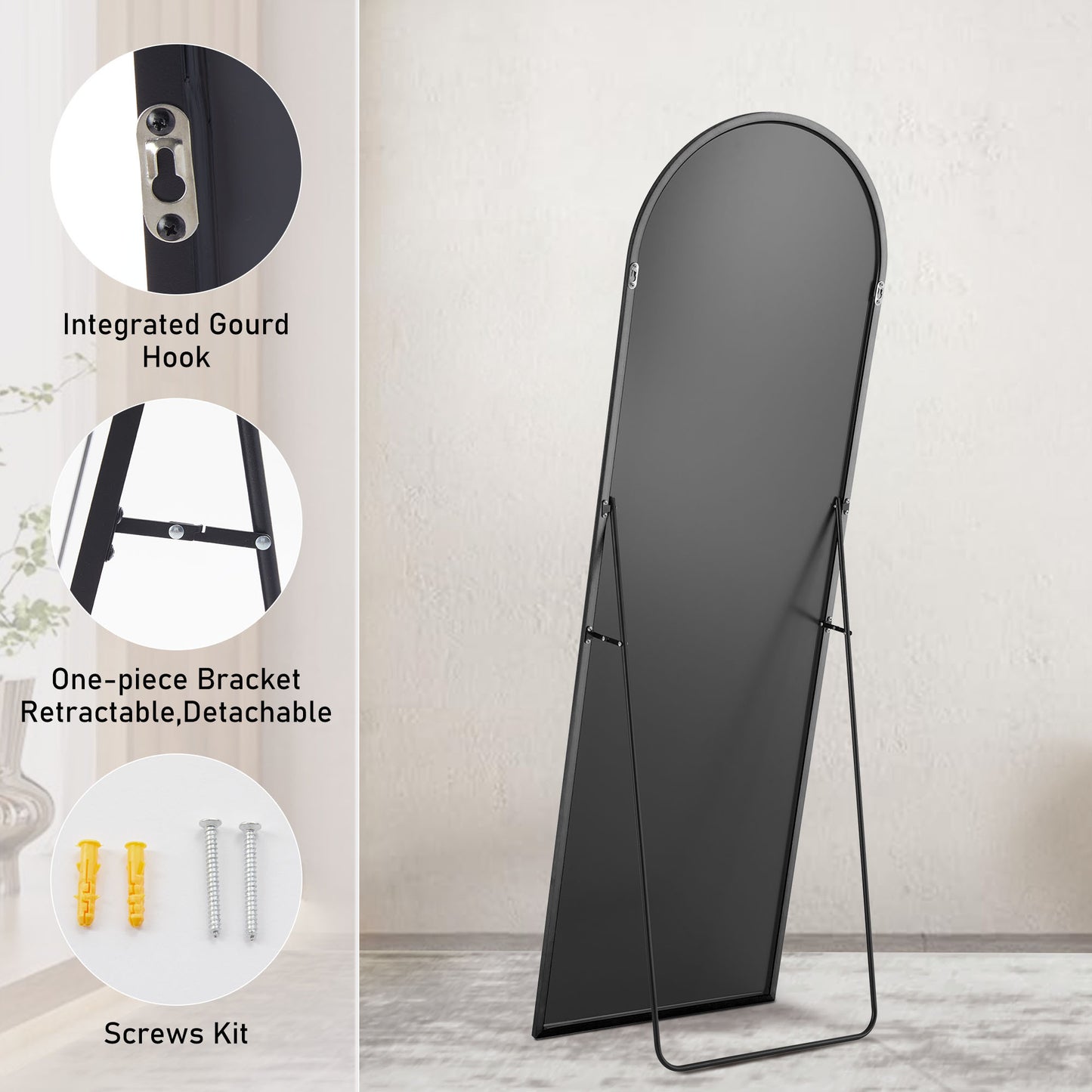 Modern Floor Standing Mirror with Stand – Thin Aluminum Frame, Full Length, 64" & 59", Arched or Rectangular