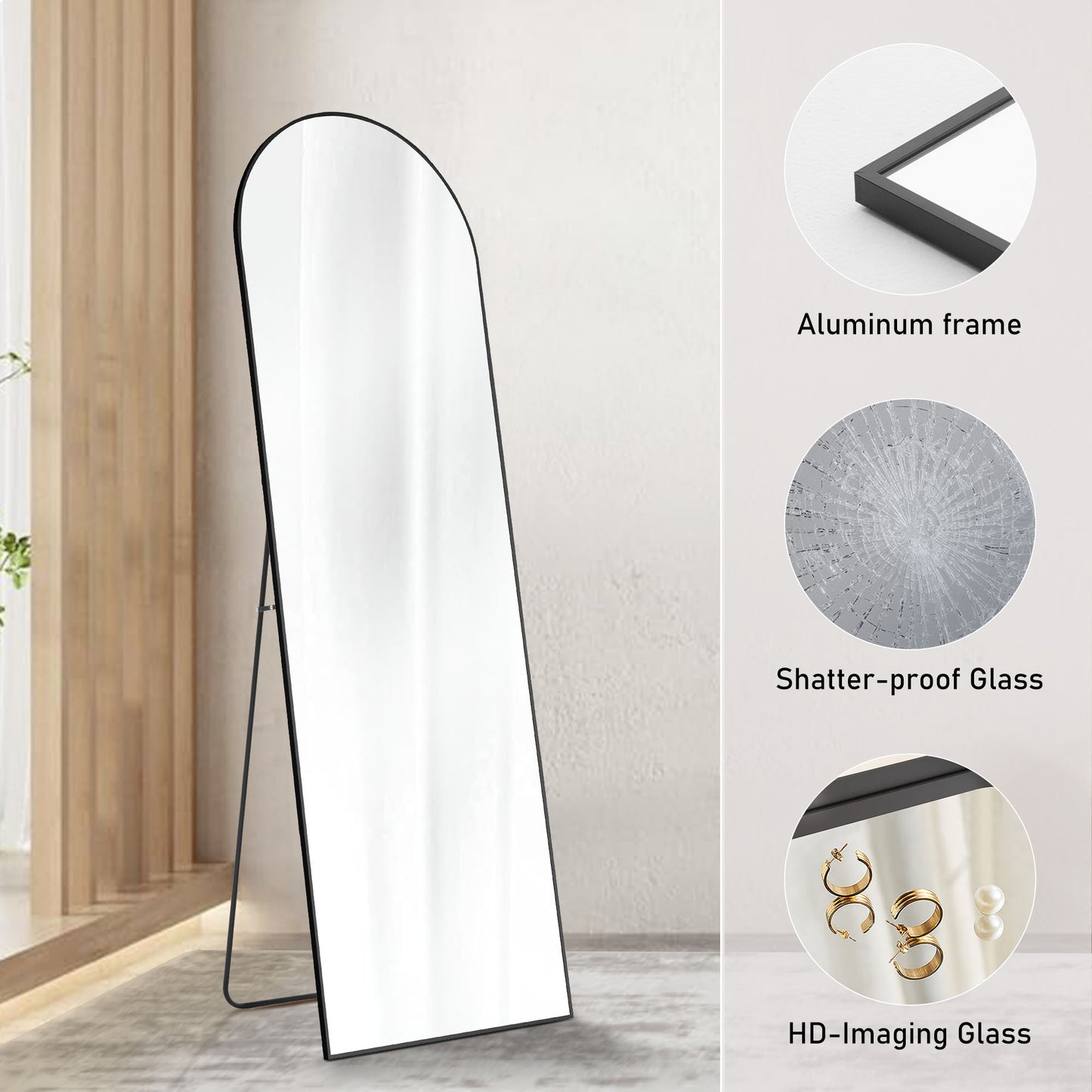 Modern Floor Standing Mirror with Stand – Thin Aluminum Frame, Full Length, 64" & 59", Arched or Rectangular