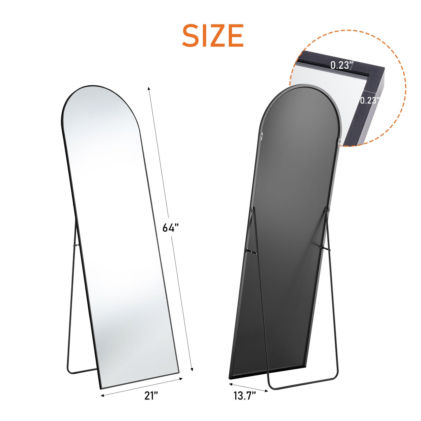 Modern Floor Standing Mirror with Stand – Thin Aluminum Frame, Full Length, 64" & 59", Arched or Rectangular