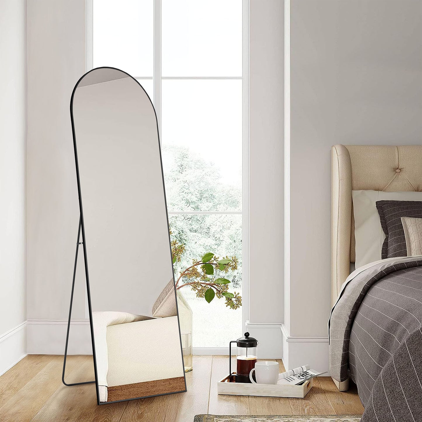 Modern Floor Standing Mirror with Stand – Thin Aluminum Frame, Full Length, 64" & 59", Arched or Rectangular