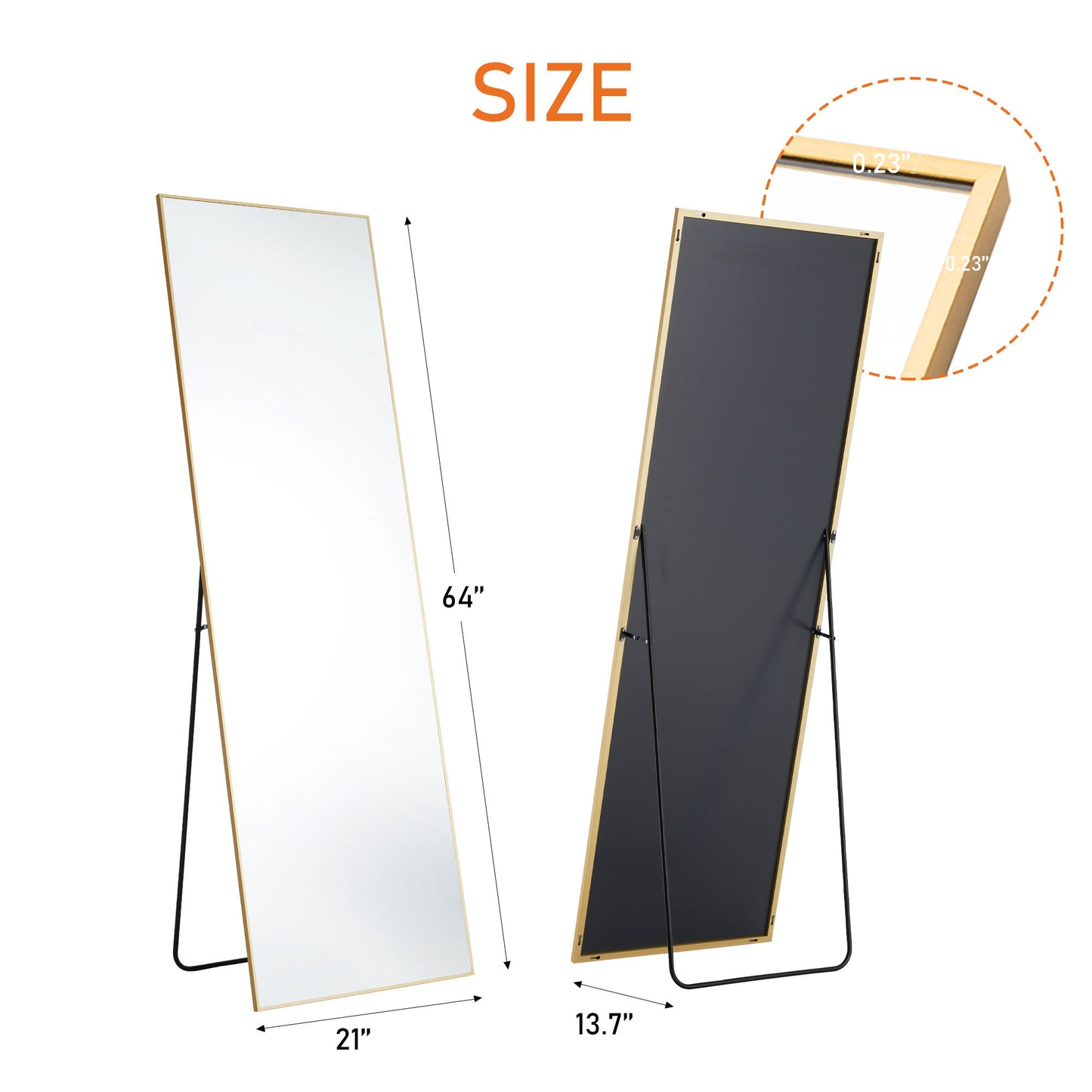 Modern Floor Standing Mirror with Stand – Thin Aluminum Frame, Full Length, 64" & 59", Arched or Rectangular