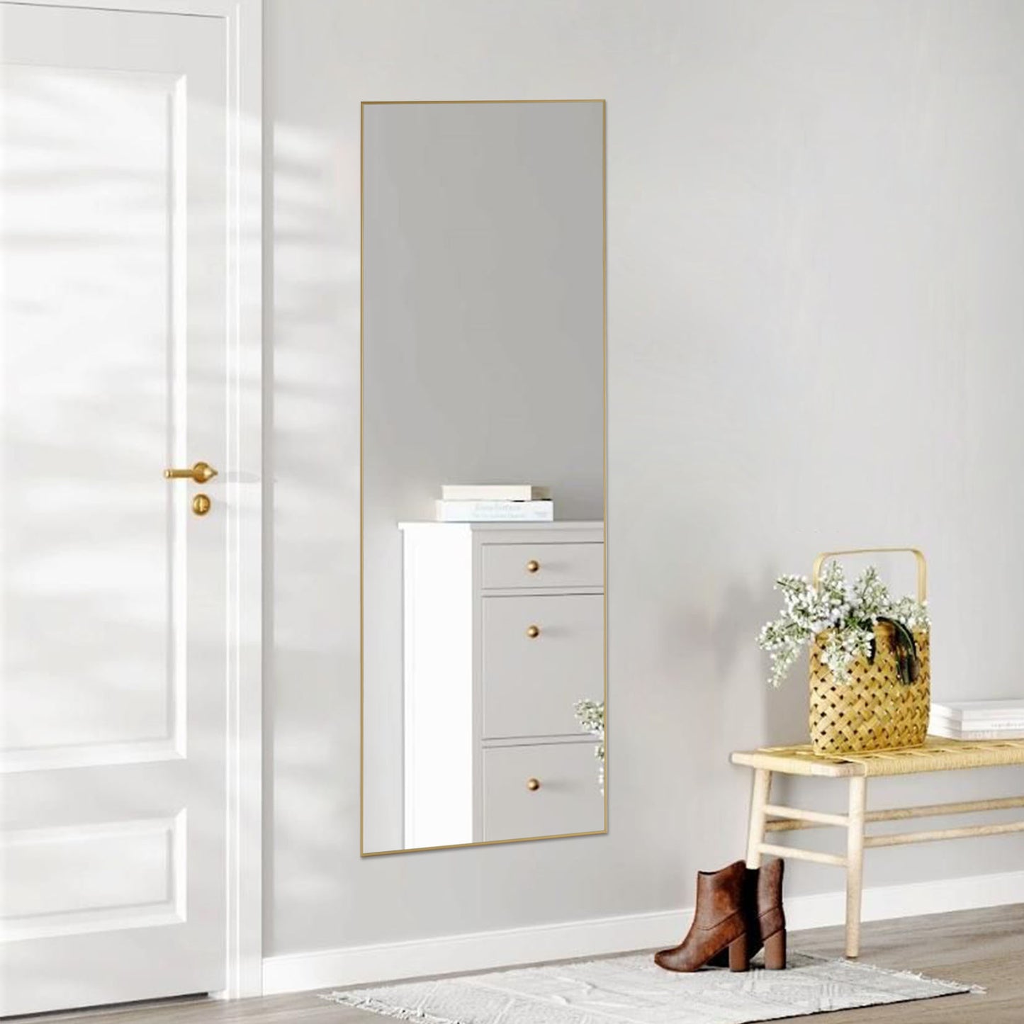 Modern Floor Standing Mirror with Stand – Thin Aluminum Frame, Full Length, 64" & 59", Arched or Rectangular