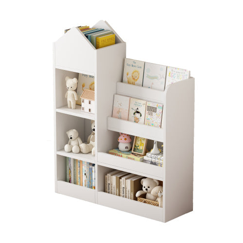 White Wooden Toy Storage Organizer Cabinet – 4-Tier Sling Bookshelf for Kids, Toddlers, Nursery & Playroom