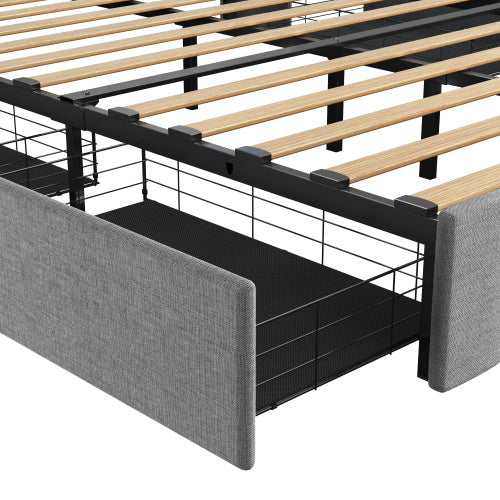 Full Size LED Bed Frame with 4 Drawers & Wingback Headboard – Light Grey