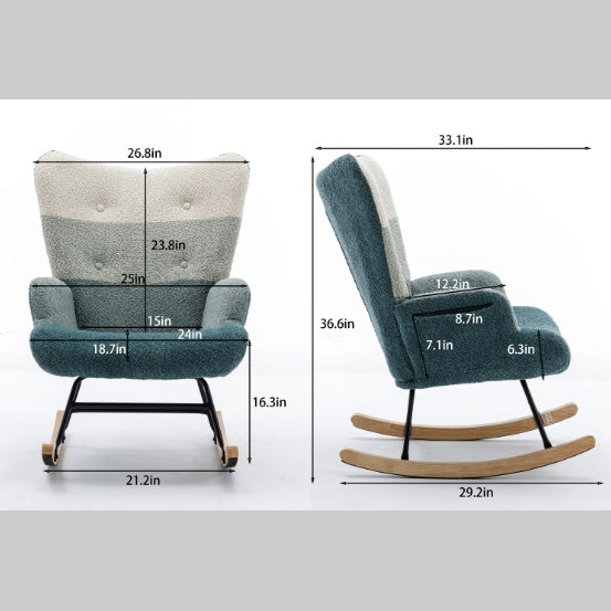 Modern Rocking Armchair with Solid Wood Armrests and Teddy Bear Upholstery for Living Room and Bedroom (Green + Dark Green)