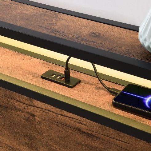 Full Size Lift-Up Platform Bed with LED Headboard, USB Charging, & Hidden Storage – Rustic Brown