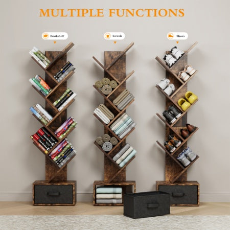 9-Tier Tree Bookshelf with Drawer – Deep Rustic Brown