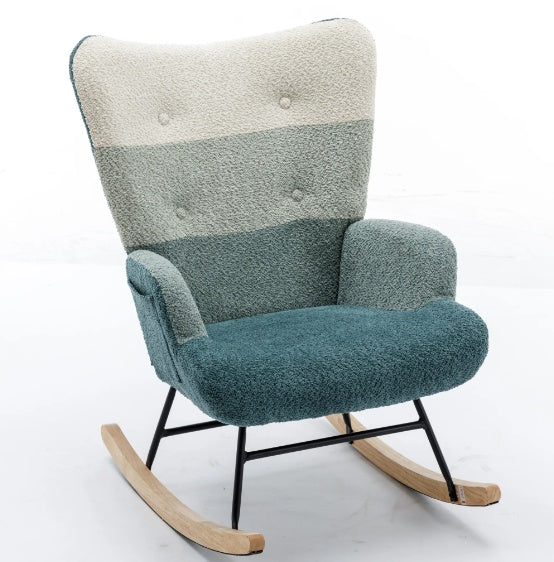 Modern Rocking Armchair with Solid Wood Armrests and Teddy Bear Upholstery for Living Room and Bedroom (Green + Dark Green)