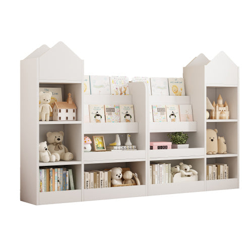 White Wooden Toy Storage Organizer Cabinet – 4-Tier Sling Bookshelf for Kids, Toddlers, Nursery & Playroom