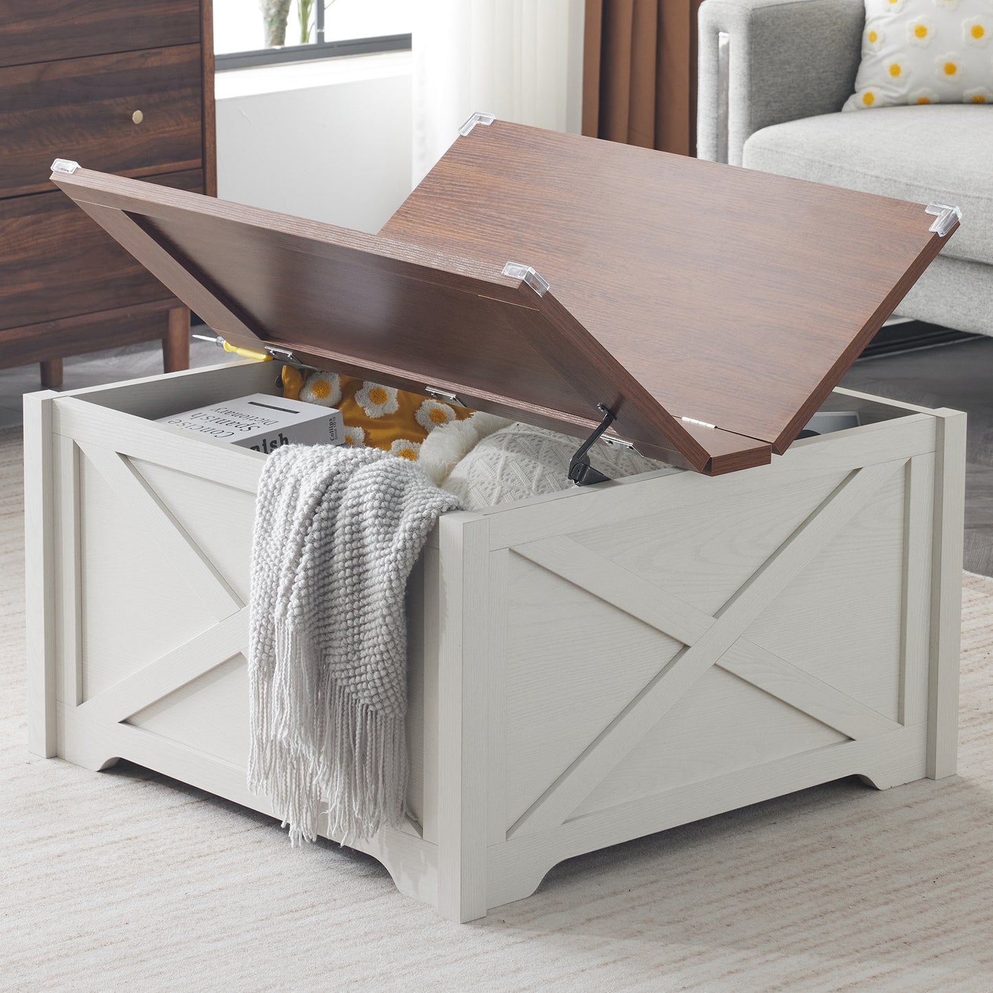 Modern Square Coffee Table with Hidden Storage – X-Frame Wood Design (31.5”)