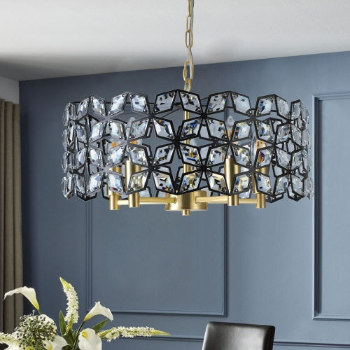 Modern Round Crystal Chandelier – Elegant K9 Crystal Lighting Fixture (Black & Gold)