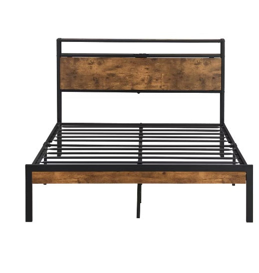 Queen Size Metal Platform Bed Frame with Wooden Headboard, Footboard & USB Charging Ports – Industrial Style, Noise-Free, Under-Bed Storage – Black + Brown