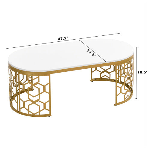 Modern Oval Coffee Table – White Gloss Top with Gold Metal Frame for Living Room