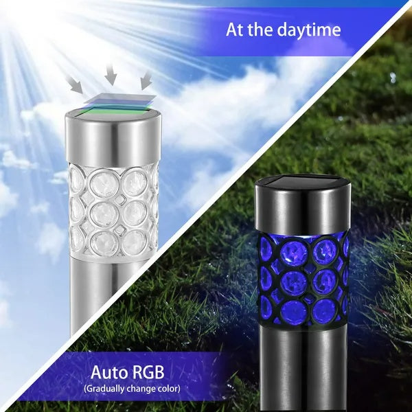 6-Pack Outdoor Solar RGB Garden Lights – Stainless Steel, IP44 Waterproof, Color-Changing Lawn and Landscape Lights