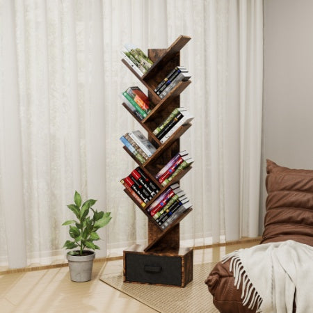 9-Tier Tree Bookshelf with Drawer – Deep Rustic Brown
