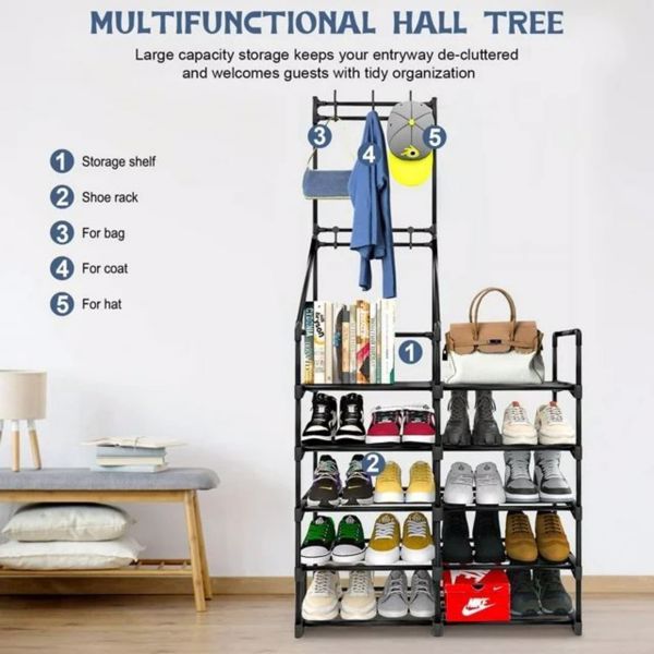 5-Tier Shoe Rack Organizer with Coat Hooks – 20 Pair Capacity, Freestanding Entryway Storage