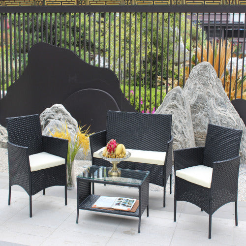 4 PC Rattan Patio Furniture Set – Black Wicker with Beige Cushions