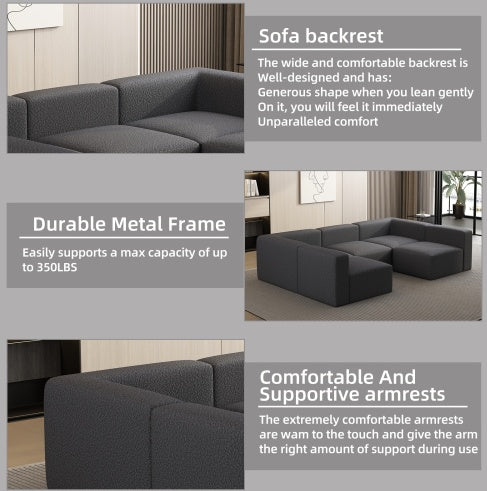 Modular Sectional Sofa Sleeper Couch with Chaise and Ottoman, Convertible U-Shaped Modular Sofa Set, Compressed Sponge, Dark Grey