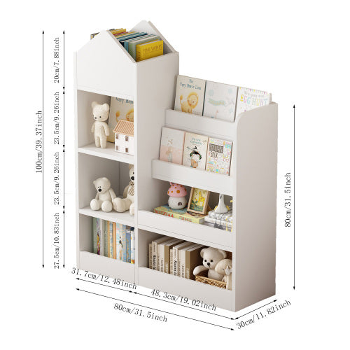 White Wooden Toy Storage Organizer Cabinet – 4-Tier Sling Bookshelf for Kids, Toddlers, Nursery & Playroom