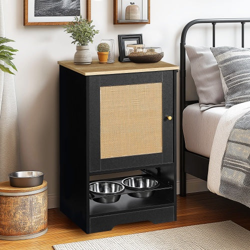 Elevated Pet Feeding Station with Storage Cabinet – Hidden Pull-Out Dog Bowls, Side Hooks, Anti-Tip Kit, Black + Vintage Finish