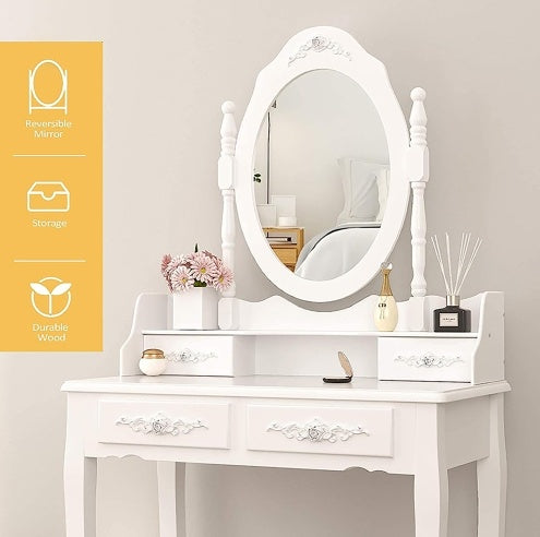 Vanity Table Set with 4 Drawers, Cushioned Stool & Oval Mirror – Elegant Makeup Dressing Table for Girls & Women Bedroom, Jasmine White