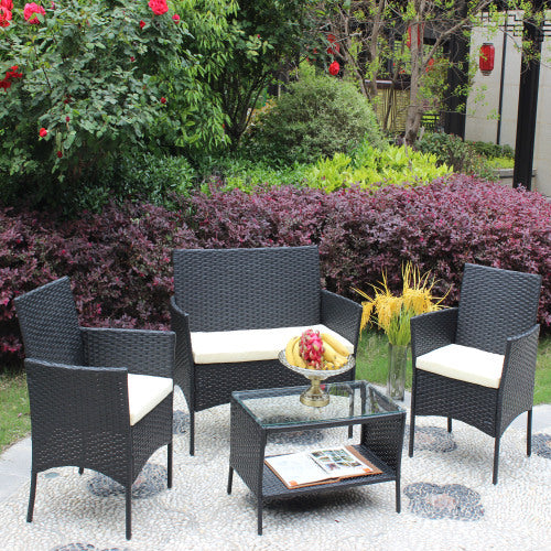 4 PC Rattan Patio Furniture Set – Black Wicker with Beige Cushions