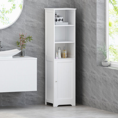 Modern White Bathroom Storage Cabinet – Tall Linen Tower with Open Shelves & Enclosed Storage, Compact Design (63")