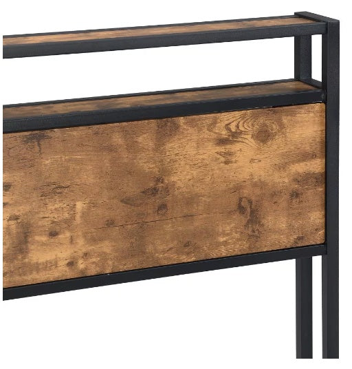 Queen Size Metal Platform Bed Frame with Wooden Headboard, Footboard & USB Charging Ports – Industrial Style, Noise-Free, Under-Bed Storage – Black + Brown