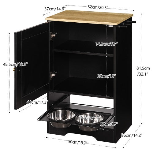 Elevated Pet Feeding Station with Storage Cabinet – Hidden Pull-Out Dog Bowls, Side Hooks, Anti-Tip Kit, Black + Vintage Finish