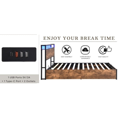 Full Size Lift-Up Platform Bed with LED Headboard, USB Charging, & Hidden Storage – Rustic Brown