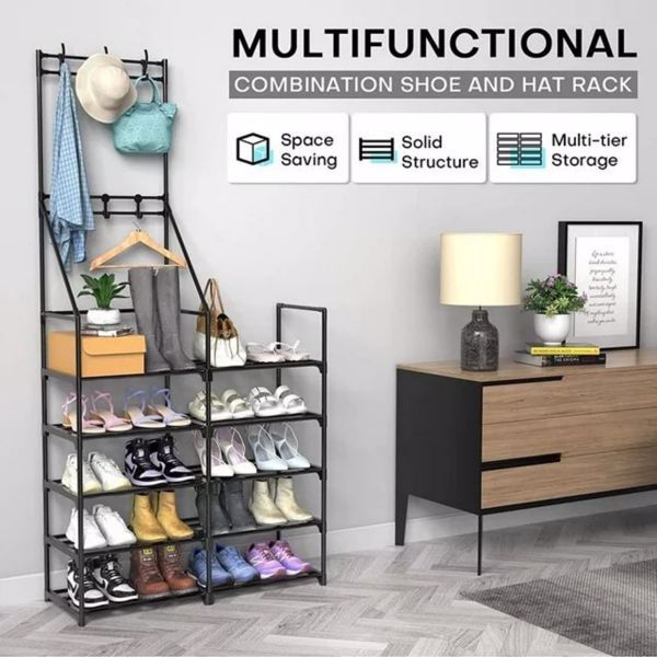 5-Tier Shoe Rack Organizer with Coat Hooks – 20 Pair Capacity, Freestanding Entryway Storage