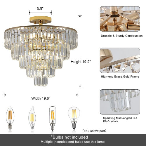 Golden Crystal Chandelier – 5-Layer Round Semi-Recessed Modern Luxury Ceiling Light