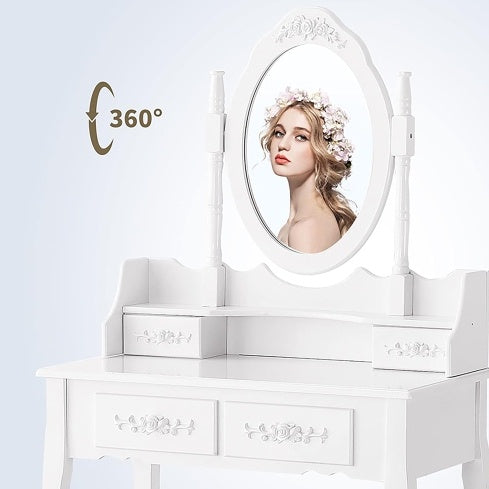 Vanity Table Set with 4 Drawers, Cushioned Stool & Oval Mirror – Elegant Makeup Dressing Table for Girls & Women Bedroom, Jasmine White