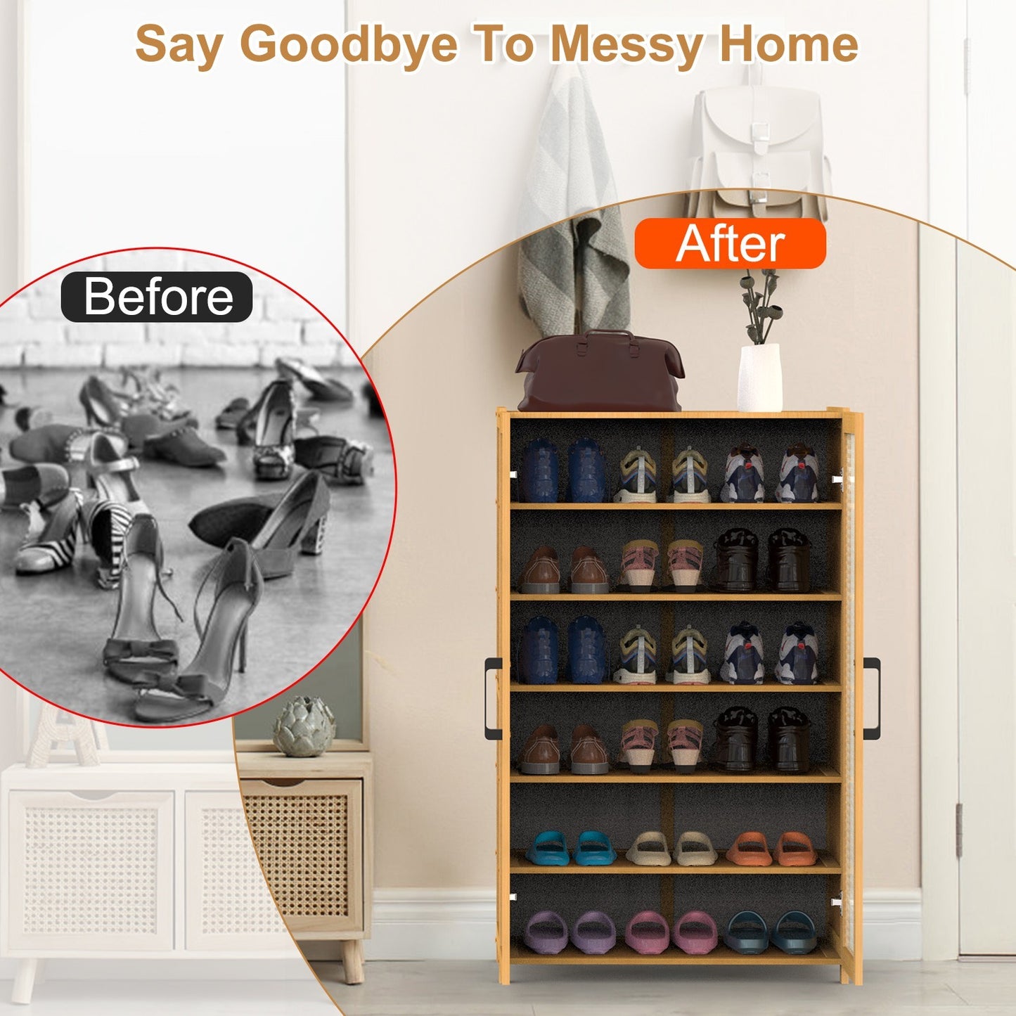 6-Tier Bamboo Shoe Cabinet with Doors – Natural Eco-Friendly Organizer