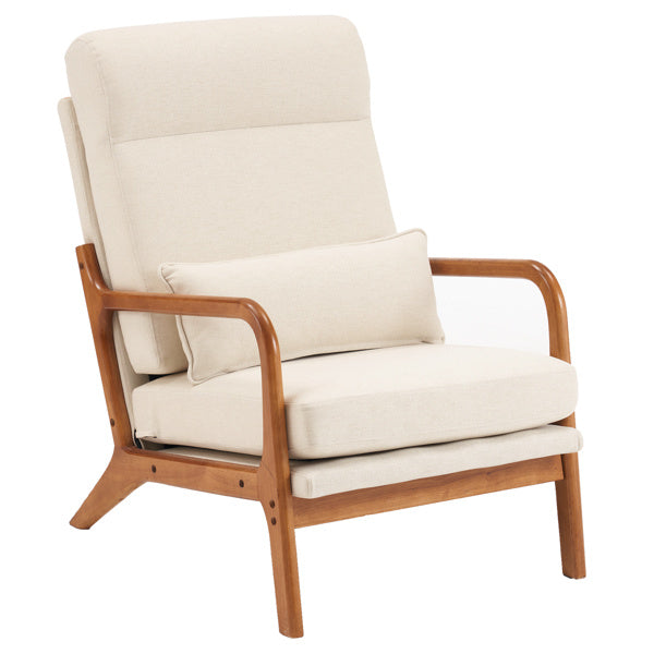 Mid-Century Modern Indoor Lounge Chair – Off-White Linen Armchair with Solid Wood Frame and Iron Accents