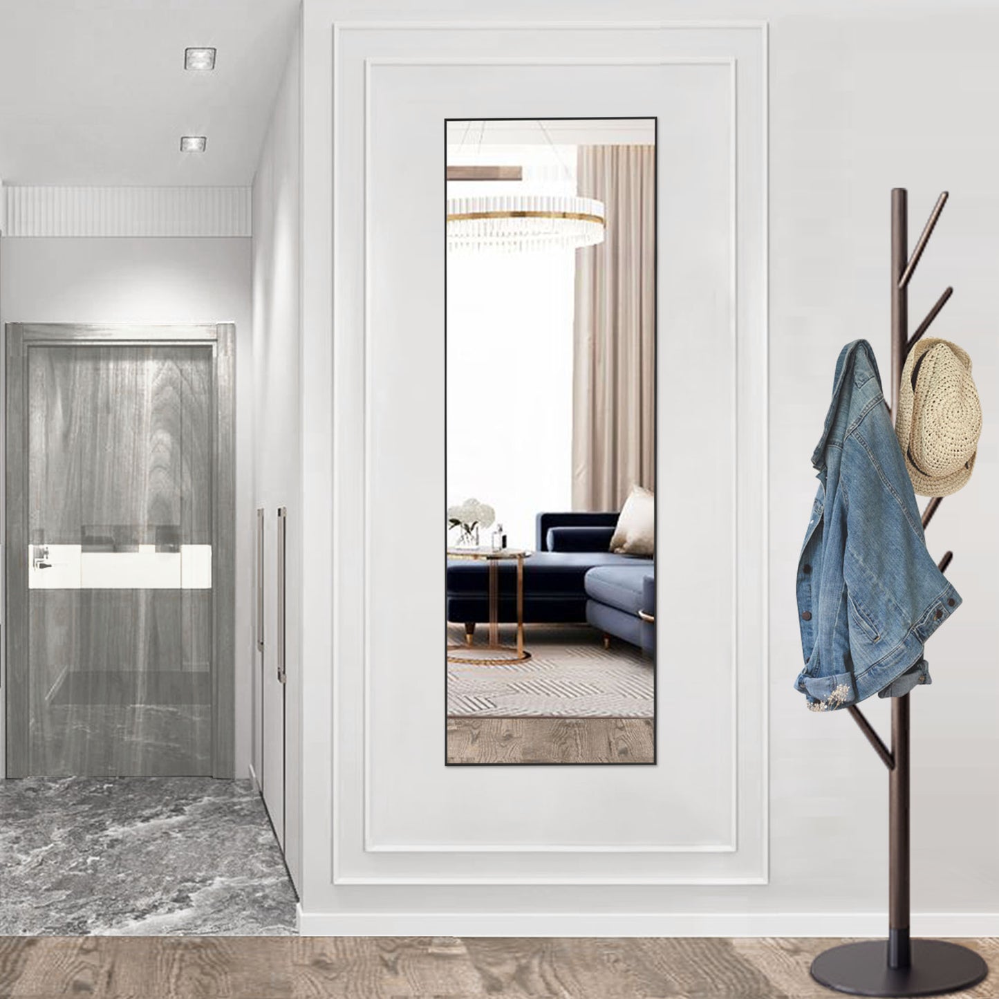 Modern Floor Standing Mirror with Stand – Thin Aluminum Frame, Full Length, 64" & 59", Arched or Rectangular