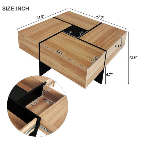 ON-TREND Unique Design Coffee Table with 4 Hidden Storage Compartments and Extendable Sliding Top, Modern Brown UV High-gloss Finish, 31.5" Square Cocktail Table for Living Room