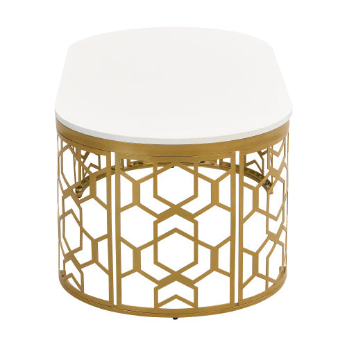 Modern Oval Coffee Table – White Gloss Top with Gold Metal Frame for Living Room