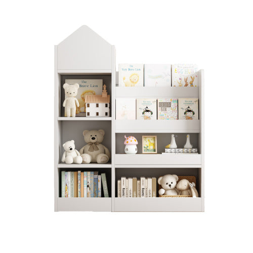 White Wooden Toy Storage Organizer Cabinet – 4-Tier Sling Bookshelf for Kids, Toddlers, Nursery & Playroom