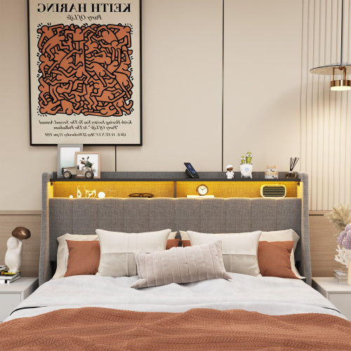 Full Size LED Bed Frame with 4 Drawers & Wingback Headboard – Light Grey