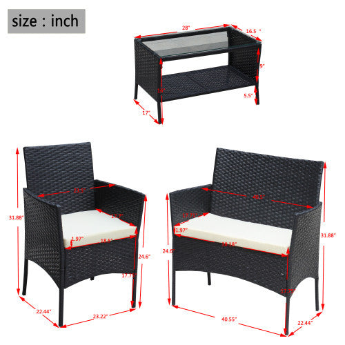 4 PC Rattan Patio Furniture Set – Black Wicker with Beige Cushions